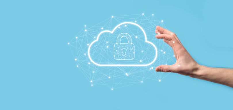 A business man holding cloud network security logo